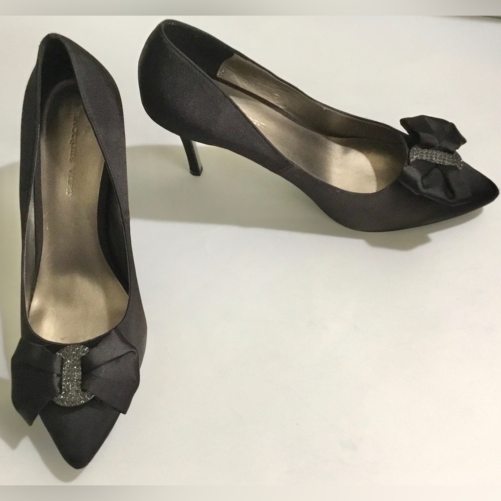 Jacques Vert satin black heels with bow and beads